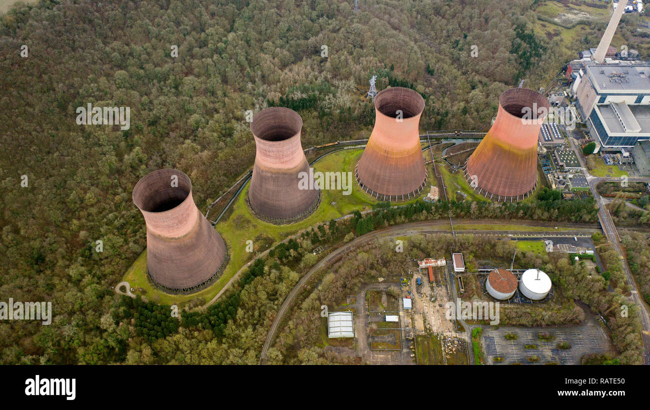 Aerial view of Ironbridge power station cooling towers 2018 aerial view cooling towers ironbridge buildwas tower Britain Uk England decommissioned Stock Photo