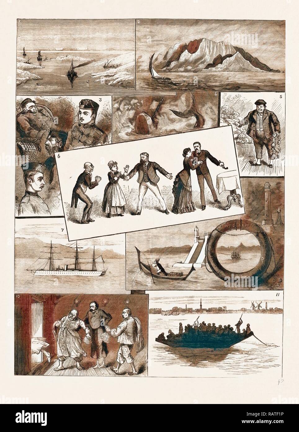 LIFE ON BOARD AN INDIAN TROOPSHIP, 1883: 1. Lake Timsah, Suez Canal. 2. Aden. 3. Some of the Passengers. 4. 'Hooked reimagined Stock Photo