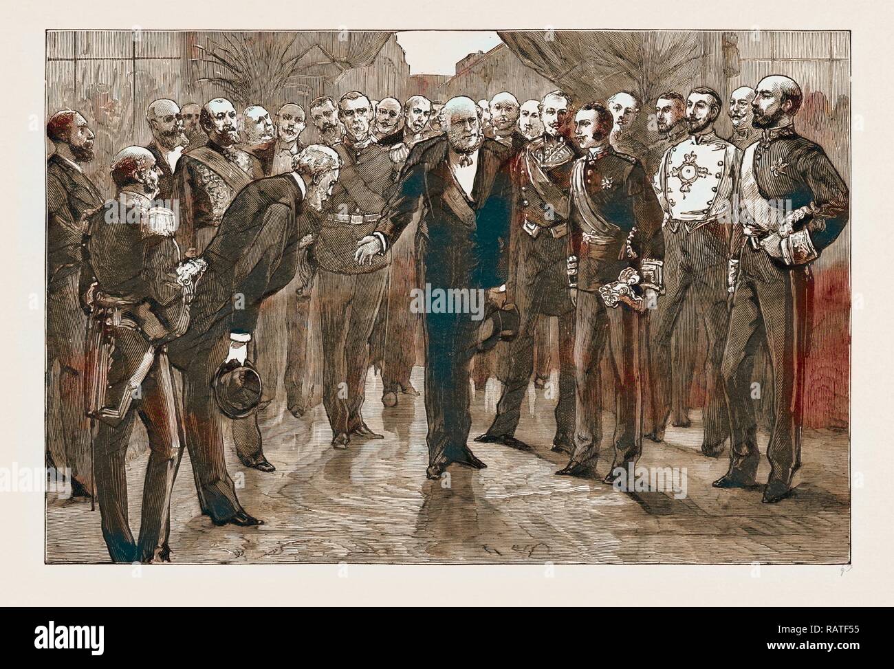 PRESIDENT GREVY AND THE FRENCH CABINET RECEIVING THE KING AT THE GARE DU NORD, PARIS, FRANCE, 1883. Reimagined Stock Photo