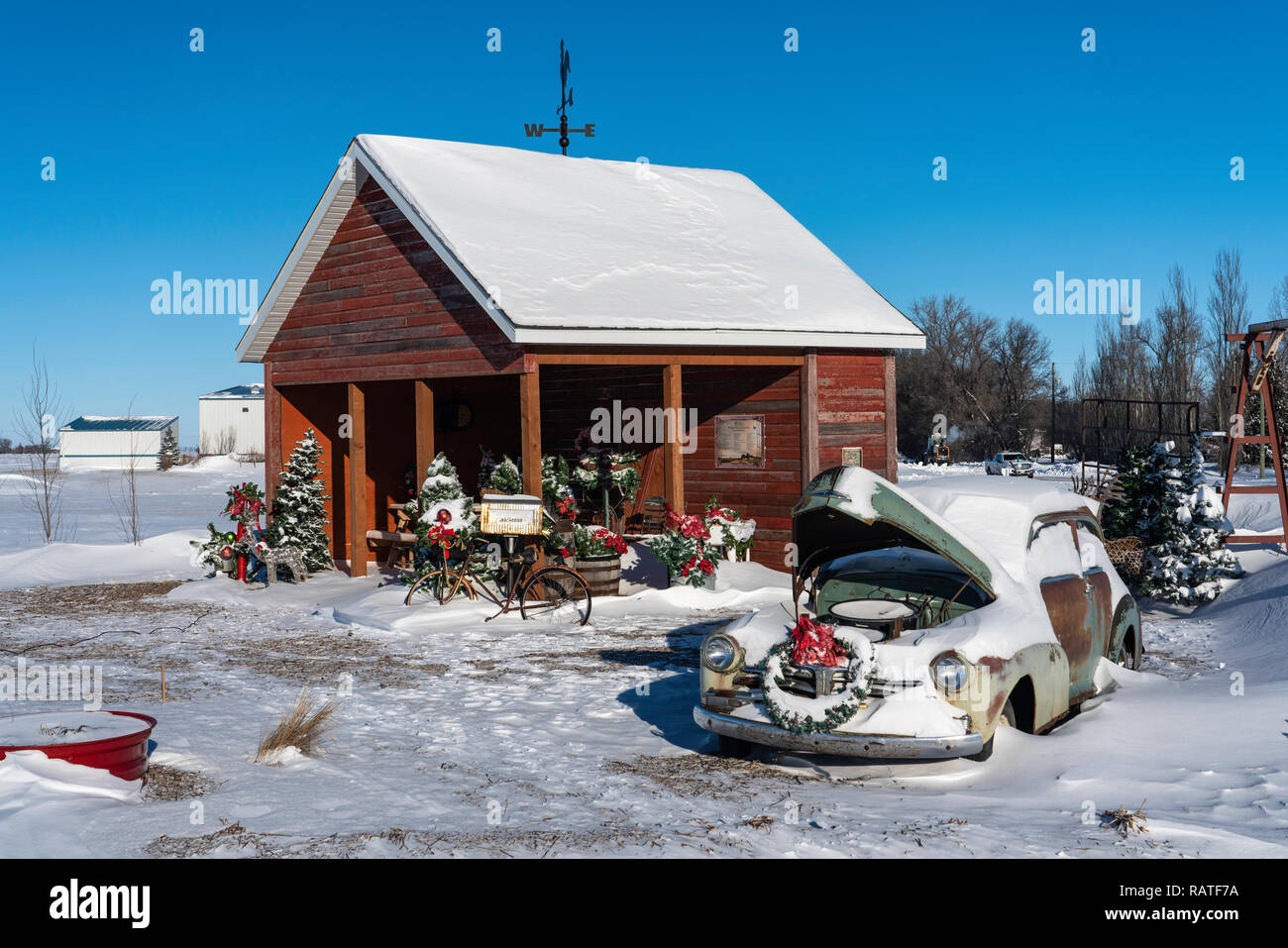 The Parkside Pioneer Patch at Christmas with winter snow in Winkler, Manitoba, Canada. Stock Photo