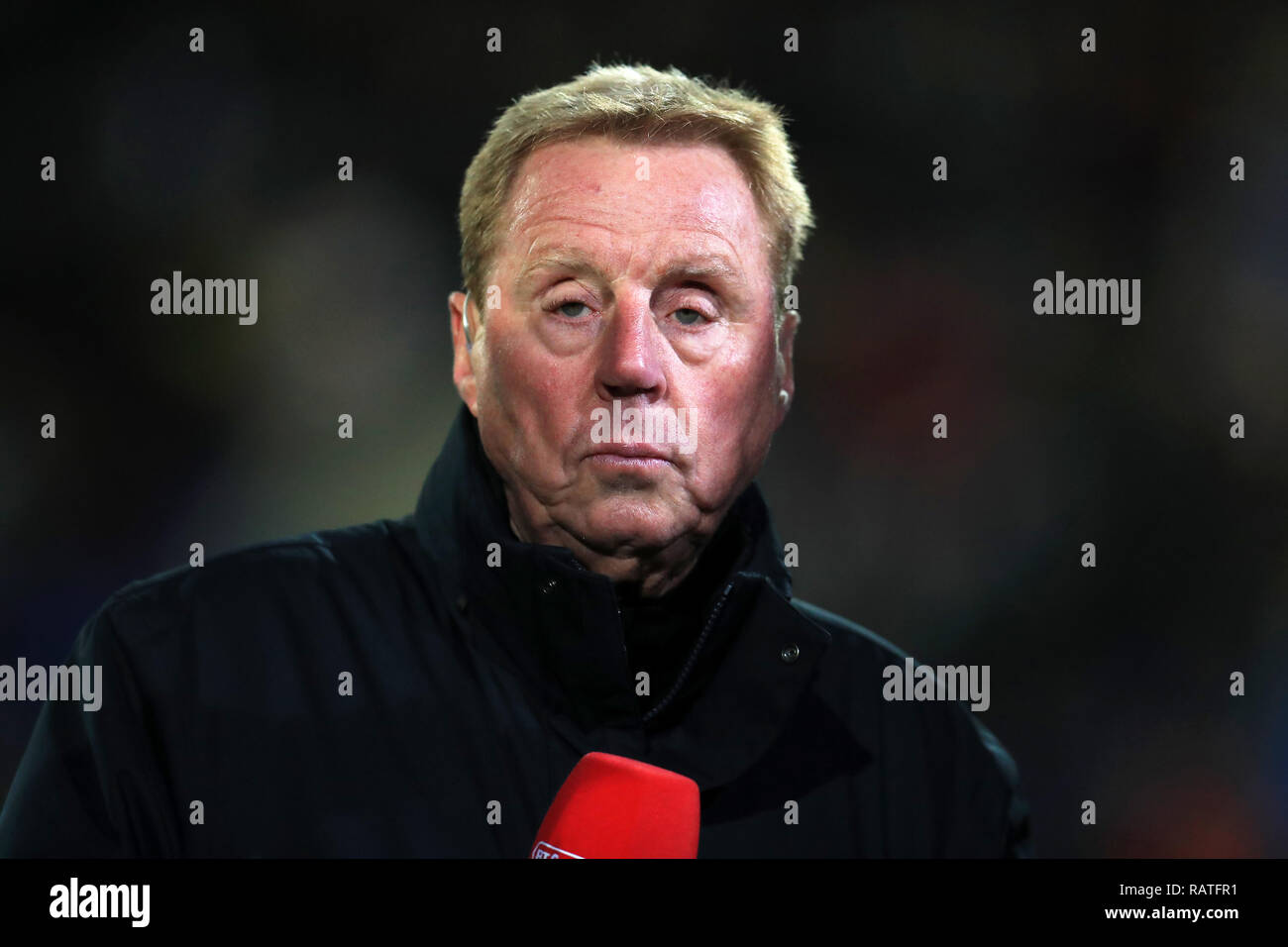 Harry Redknapp commentating for BT Sport before the Emirates FA Cup, third round match at Prenton Park, Birkenhead. Stock Photo