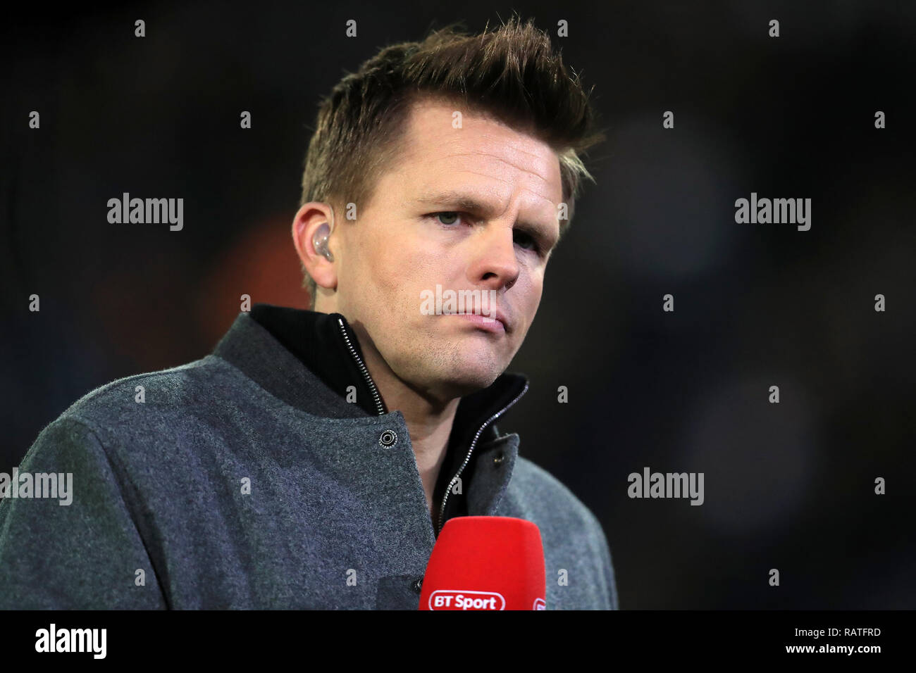 Jake Humphrey commentating for BT Sport before the Emirates FA Cup, third round match at Prenton Park, Birkenhead. Stock Photo