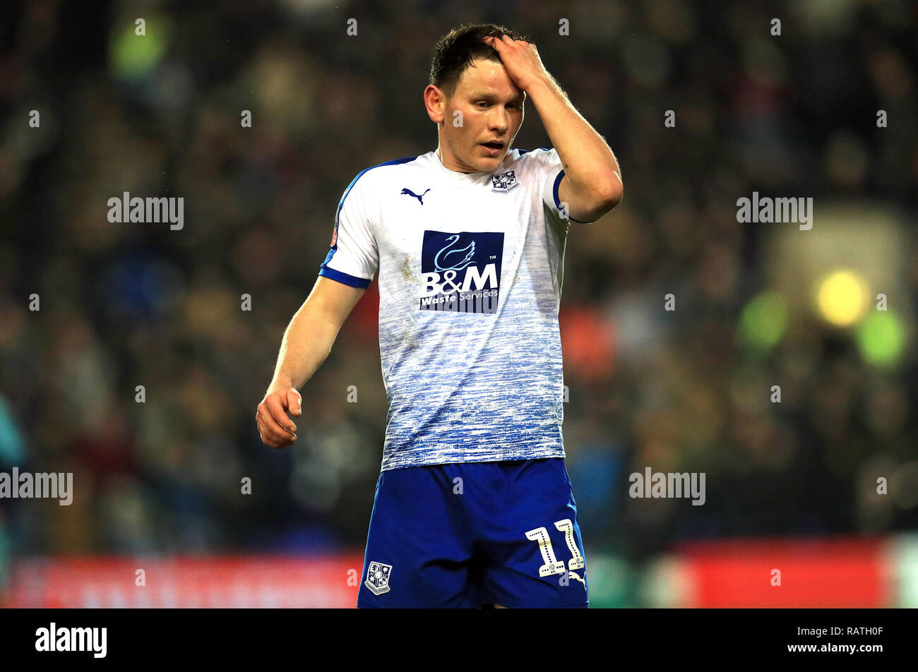 Tranmere Rovers' Connor Jennings appears frustrated during the Emirates FA Cup, third round match at Prenton Park, Birkenhead. Stock Photo