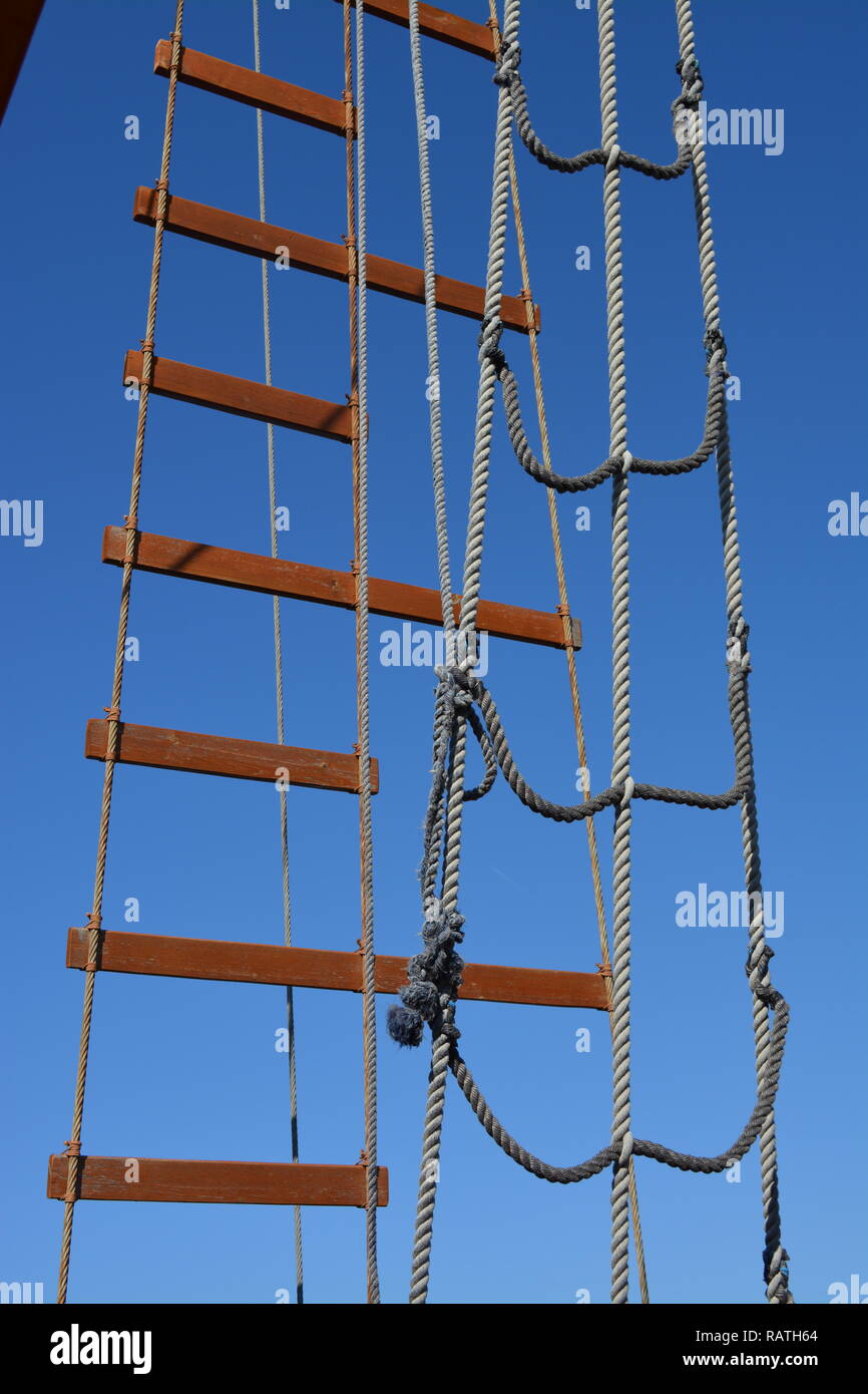Jacobs ladder and ropes on sailing ship Stock Photo