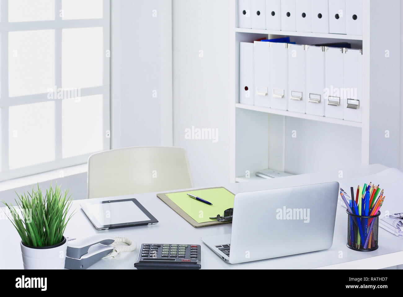 Workspace presentation mockup, Desktop computer and office supplies on