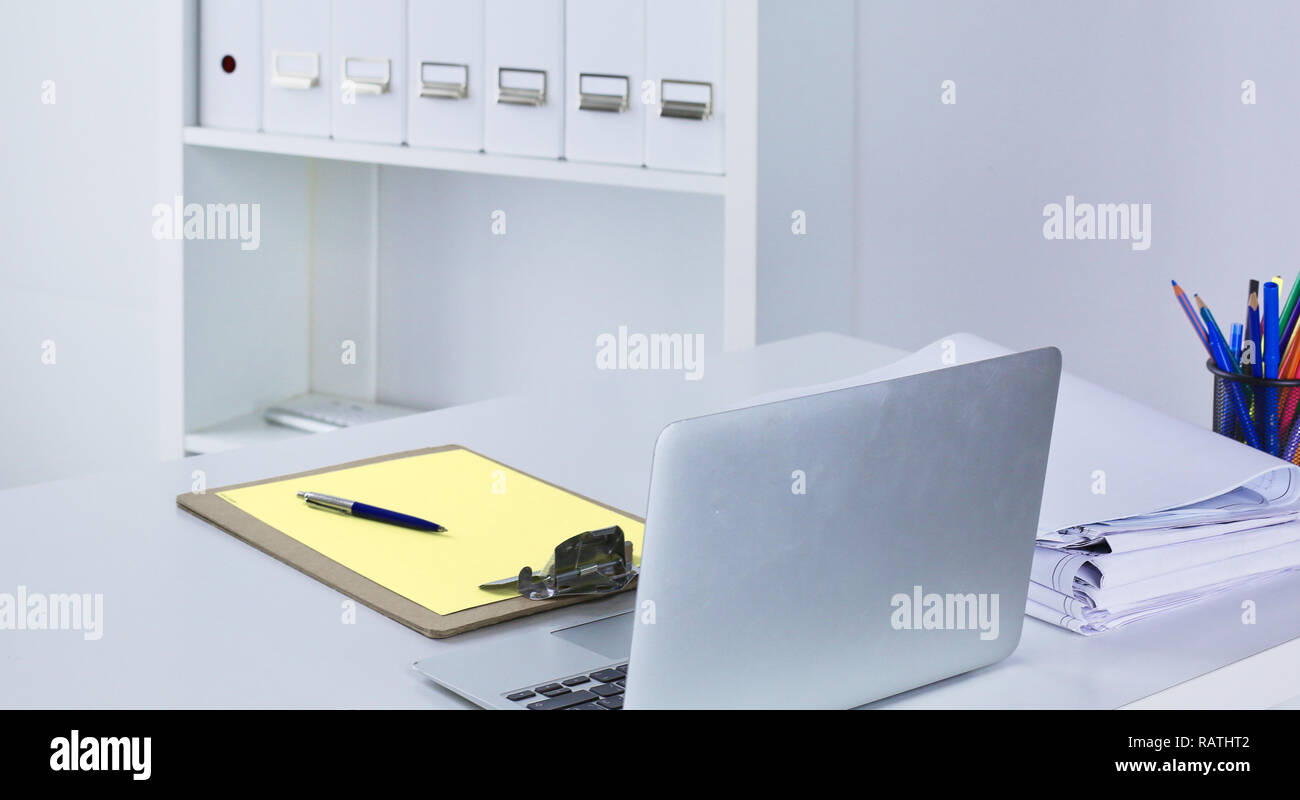 Workspace presentation mockup, Desktop computer and office supplies on