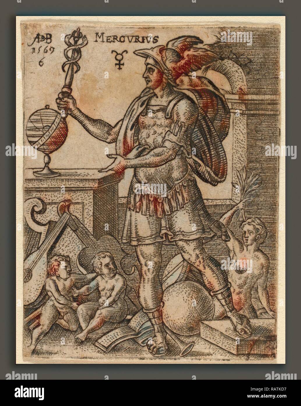 Abraham de Bruyn (Flemish, 1540 - 1587), Mercury, 1569, engraving. Reimagined by Gibon. Classic art with a modern reimagined Stock Photo
