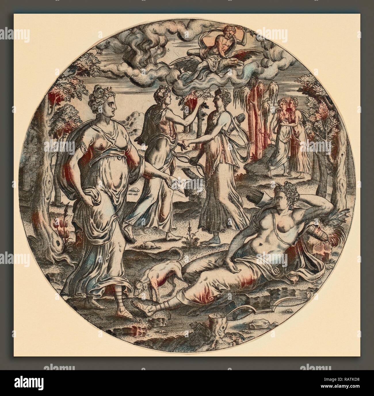 Abraham de Bruyn (Flemish, 1540 - 1587), Diana and Her Nymphs in a Garden, 1569, engraving. Reimagined Stock Photo