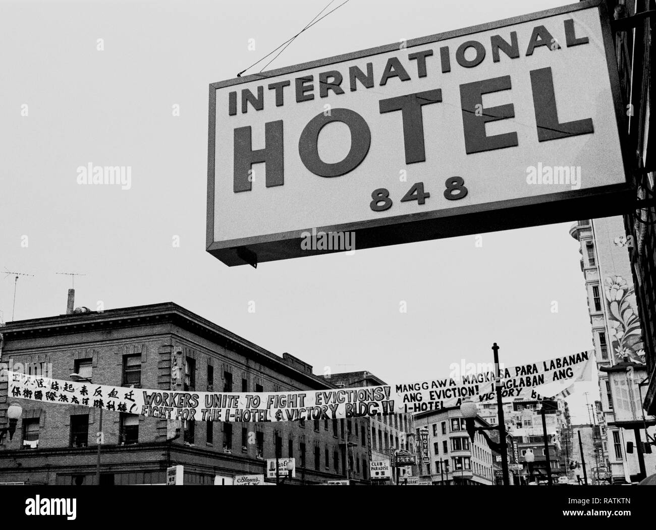 International Hotel banner protesting  pending eviction of low income elderly residents and demolition of  the International Hotel  building on Kearny Street in San Francisco, California. 08/03/1976 Stock Photo