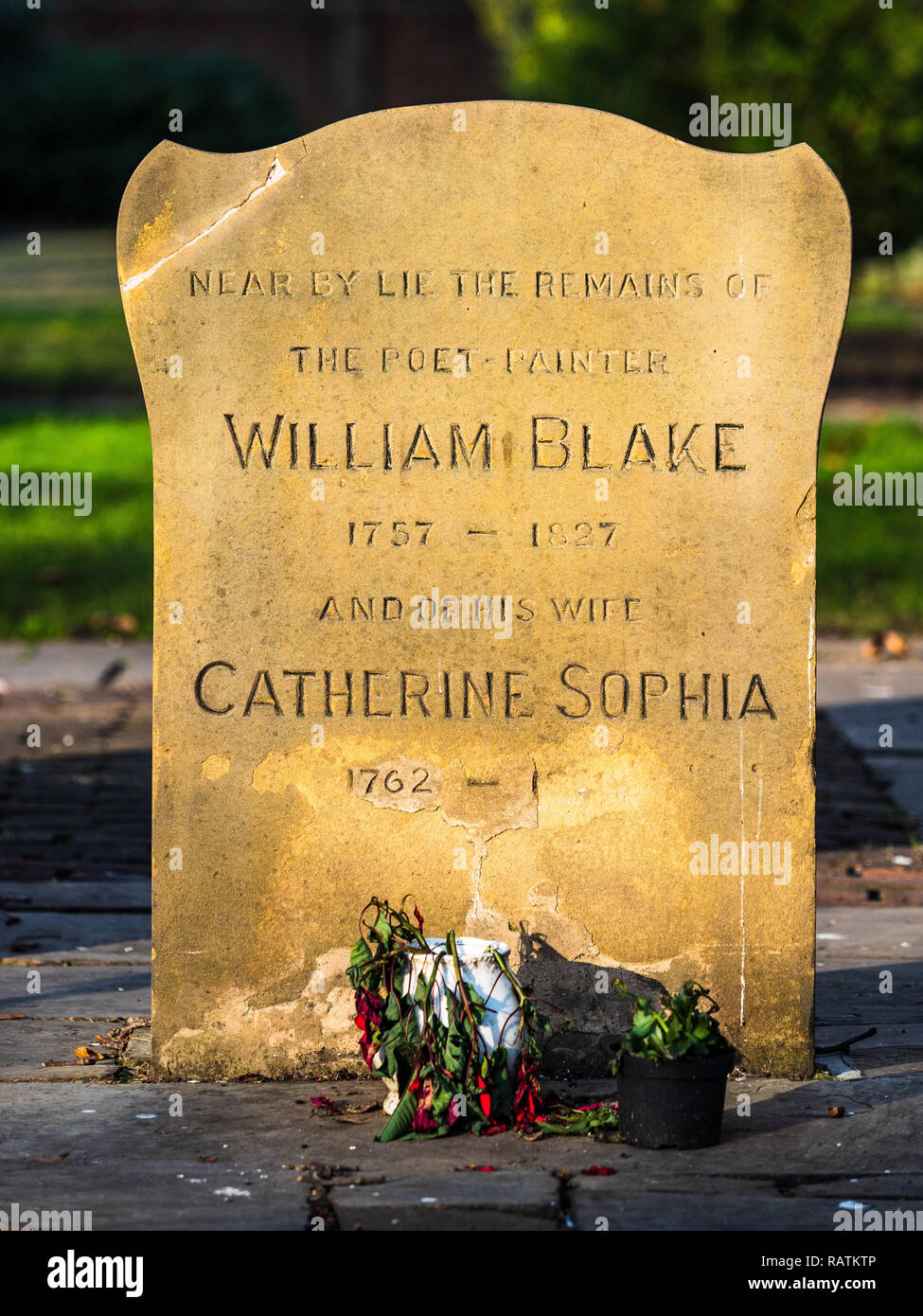 William Blake headstone (1757-1827) English poet, painter & printmaker. Monument to Blake & his wife Catherine in Bunhill Fields Burial Ground London Stock Photo