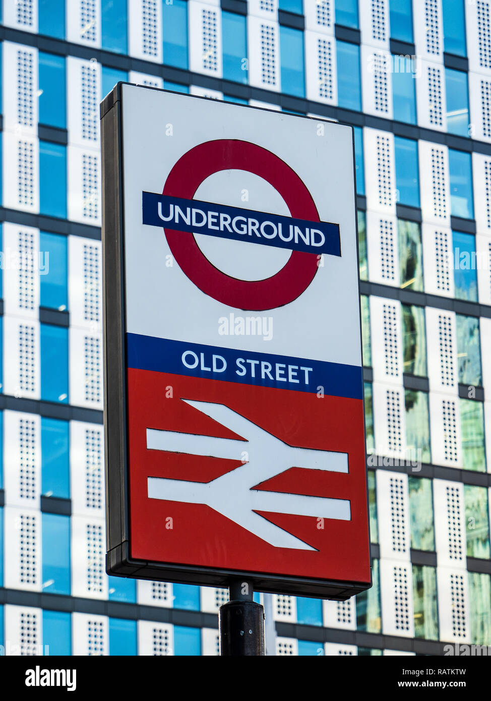 Silicon Roundabout London - Old Street Tube and Train Station Signs on Old St Roundabout in London's Shoreditch Technology district. Stock Photo
