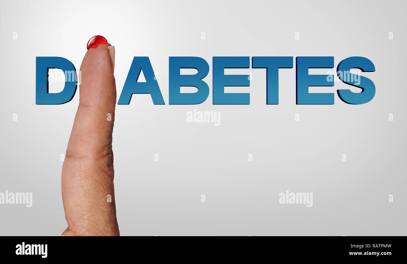 Diabetes concept and diabetic and medicine text symbol as a blood drop on a finger as an insulin deficient hypoglycemia concept. Stock Photo