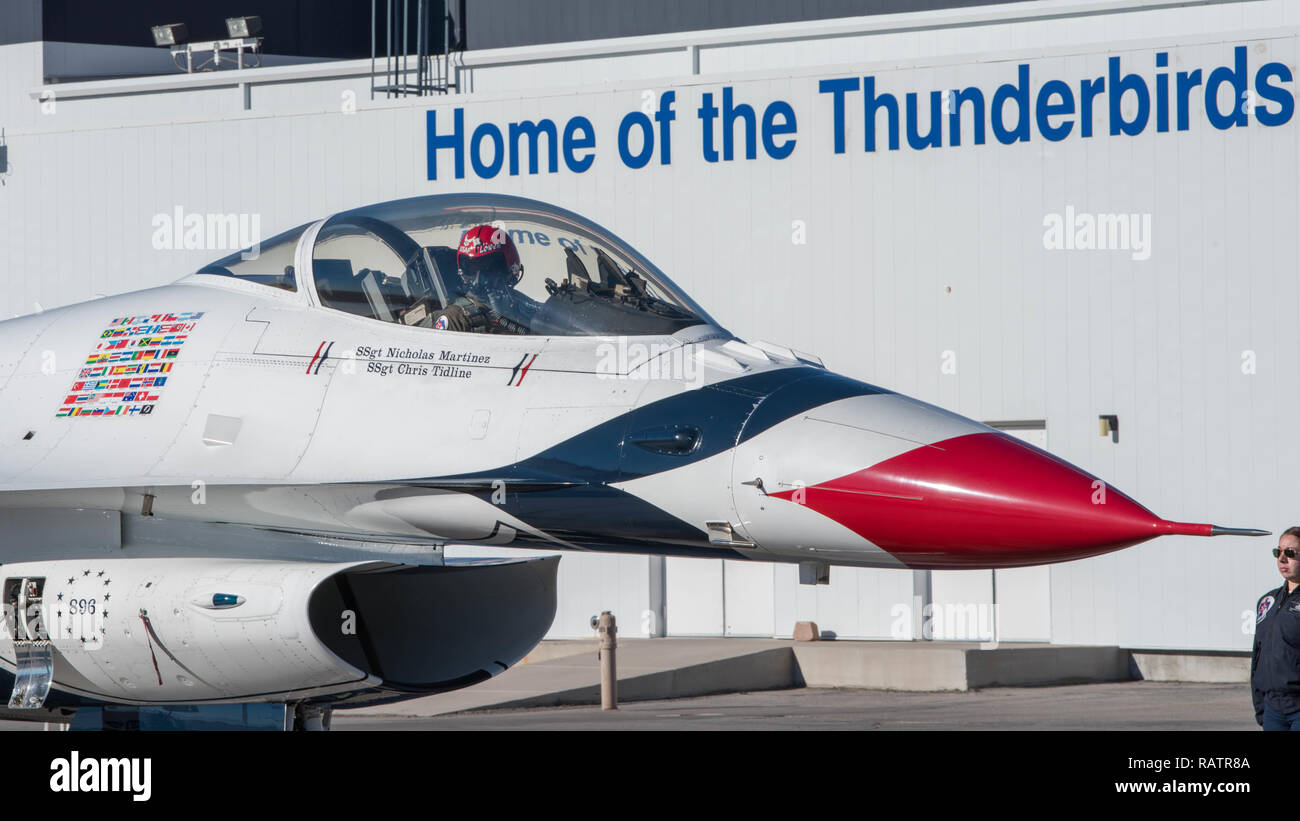 The United States Air Force Thunderbirds are training for the 2019 show season. The Thunderbirds demonstrate the highest level of attention to detail and professionalism that represents team work, discipline and capability of our men and women serving in the U.S. Air Force around the world.  (U.S. Air Force photo/Staff. Sgt. Ashley Corkins) Stock Photo