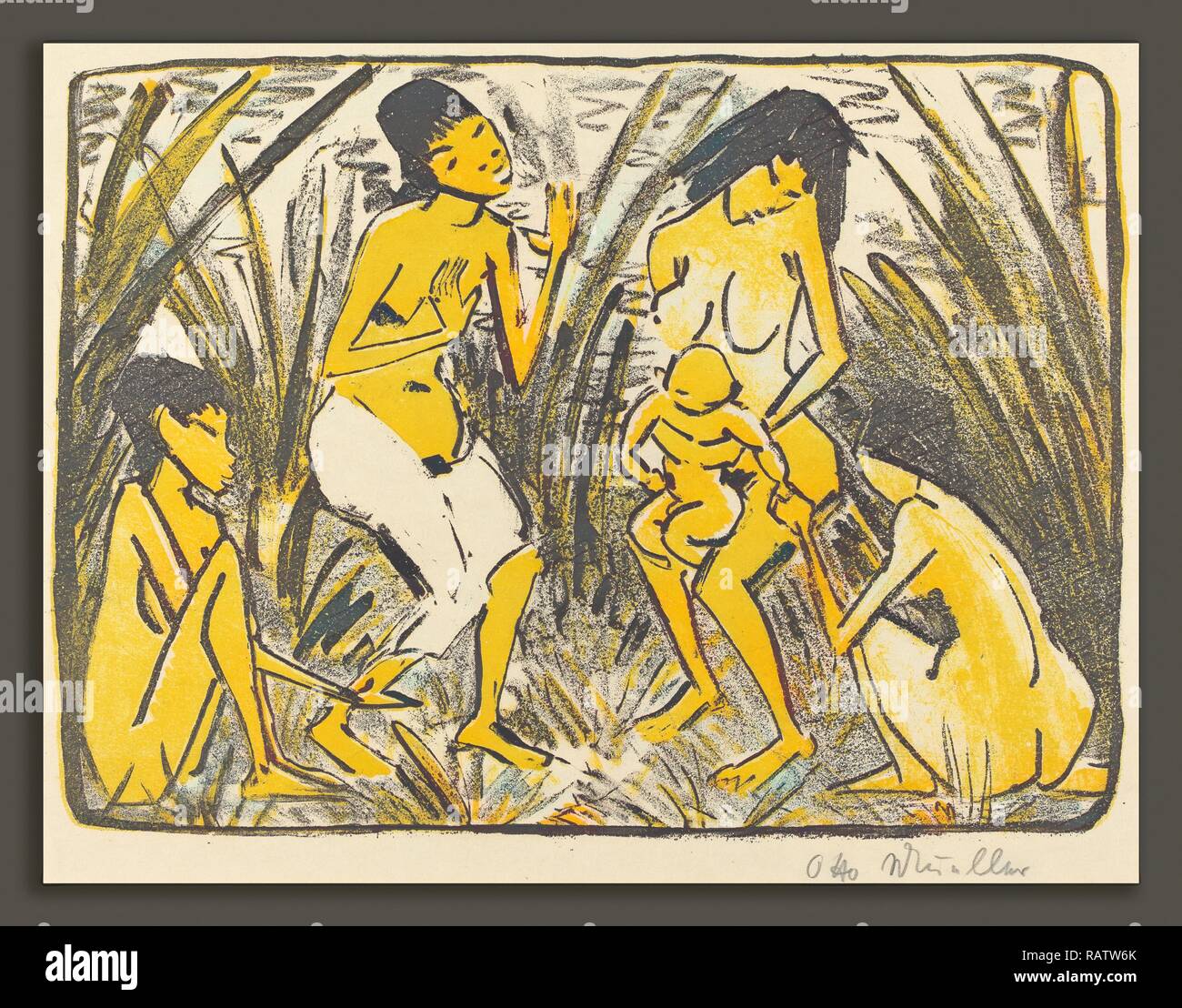 Otto Müller, Finding of Moses (Auffindung des Moses), German, 1874 - 1930, c. 1920, lithograph in black and gold reimagined Stock Photo