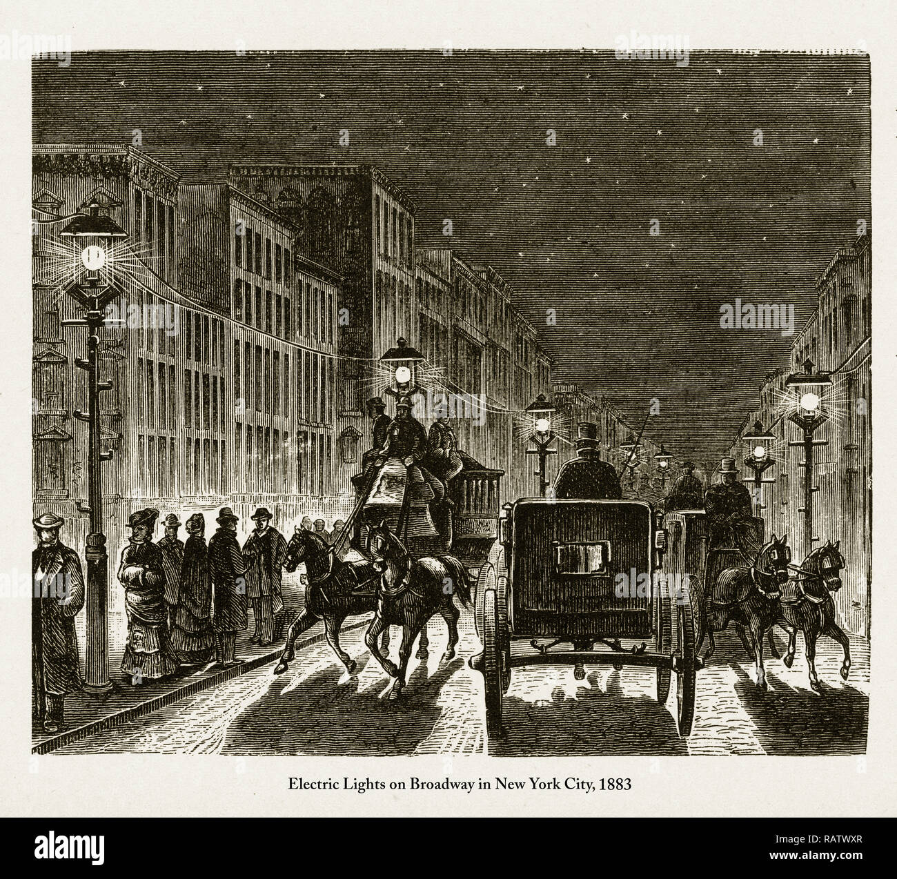 Street Lighting by Electric Lights on Broadway Victorian Engraving