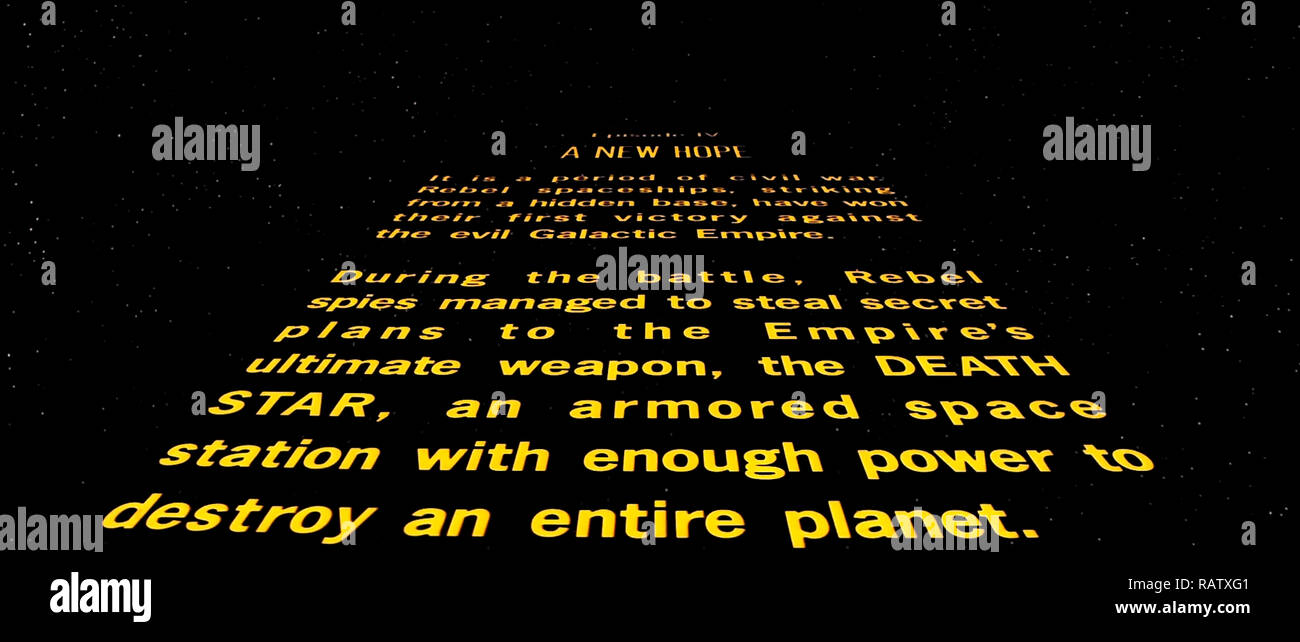 The opening roll-up or crawl from Star Wars: Episode IV - A New Hope (1977) directed by George Lucas. Stock Photo