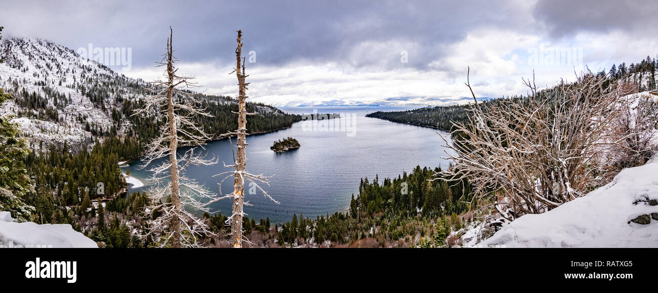 Aerial view of Emerald Bay on a cloudy winter day, south Lake Tahoe, California Stock Photo