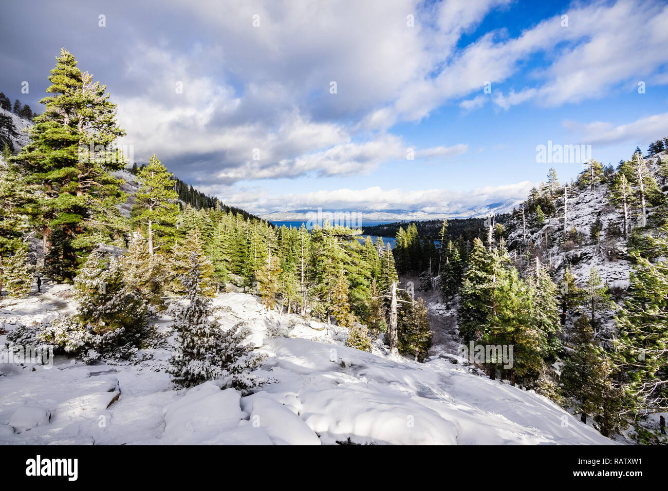 Beautiful winter day in the Sierra Mountains, Emerald Bay and Lake Tahoe visible in the background, California Stock Photo