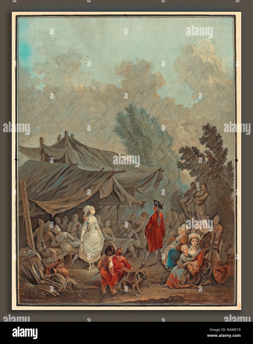 Gravure Ancienne Couleur XIXe - Scène Avec Arlequin - Charles Melchior Descourtis