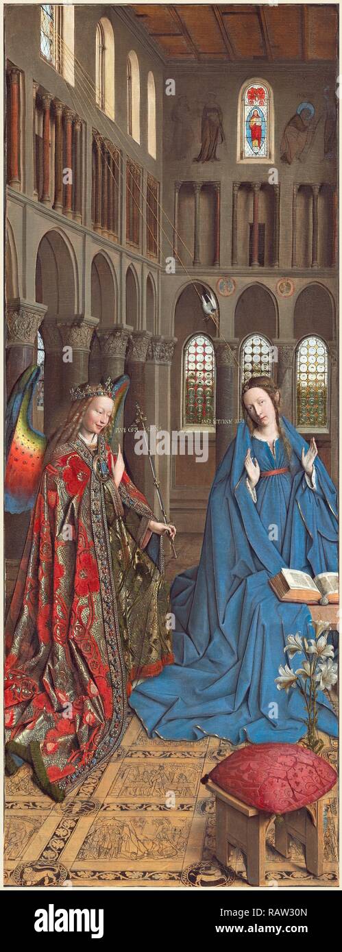 Jan van Eyck (Netherlandish, c. 1390-1441), The Annunciation, c. 1434-1436, oil on canvas transferred from panel reimagined Stock Photo