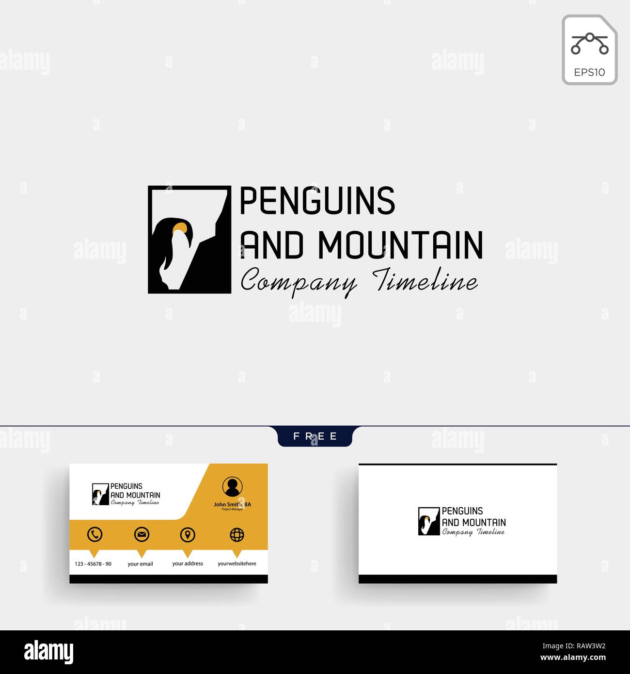 Penguin and Mountain logo template vector illustration and business card design Stock Vector