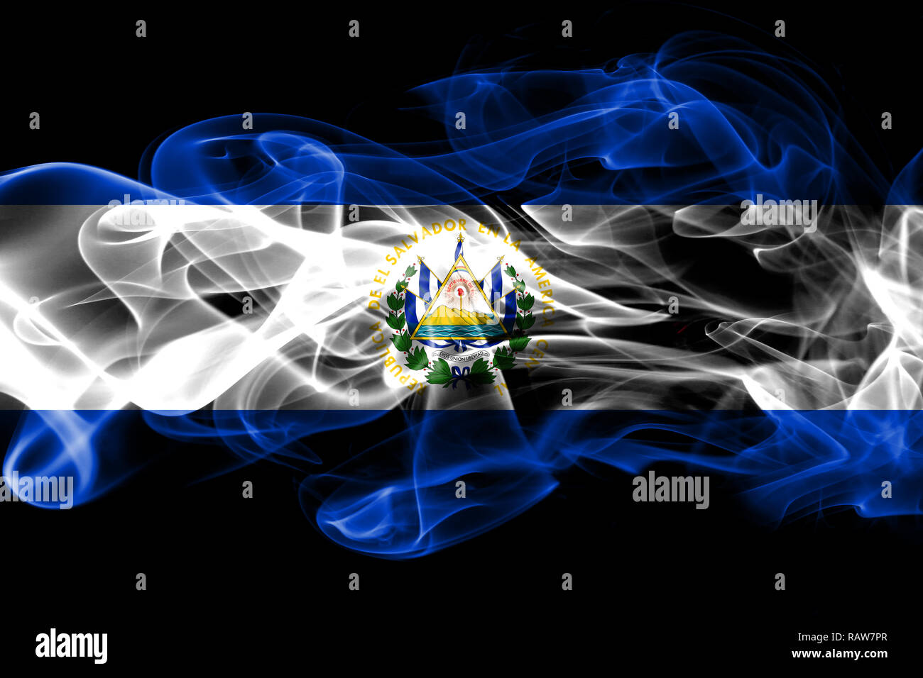 National flag of El Salvador made from colored smoke isolated on black