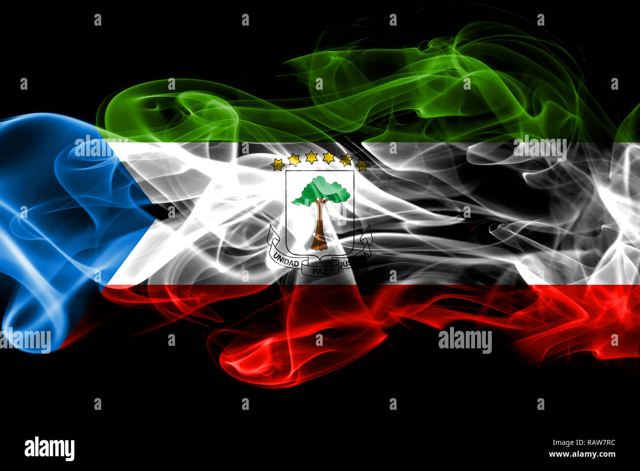 National flag of Equatorial Guinea made from colored smoke isolated on black background Stock Photo