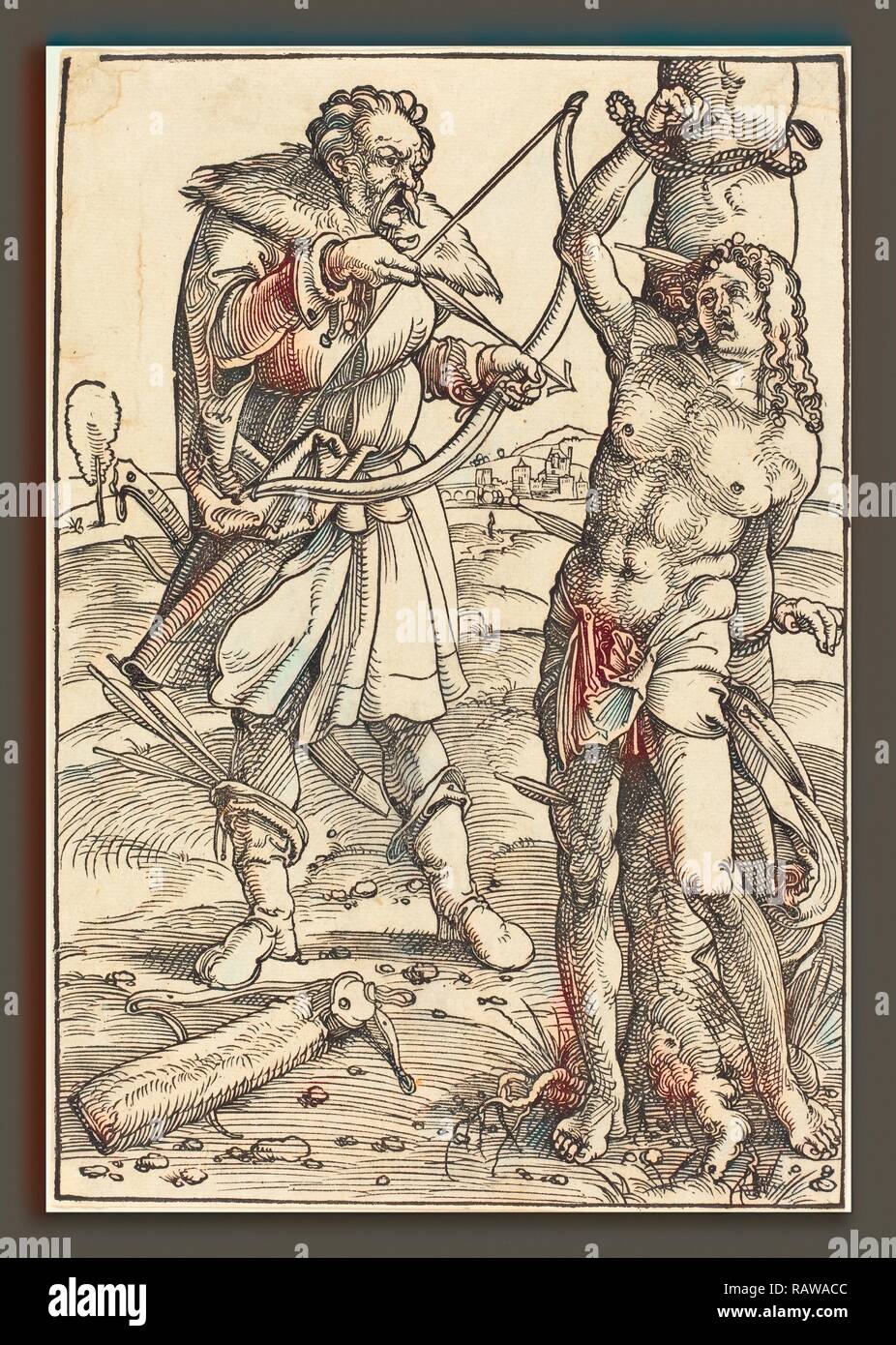 Hans Baldung Grien (German, 1484-1485 - 1545), The Martyrdom of Saint Sebastian, woodcut. Reimagined Stock Photo