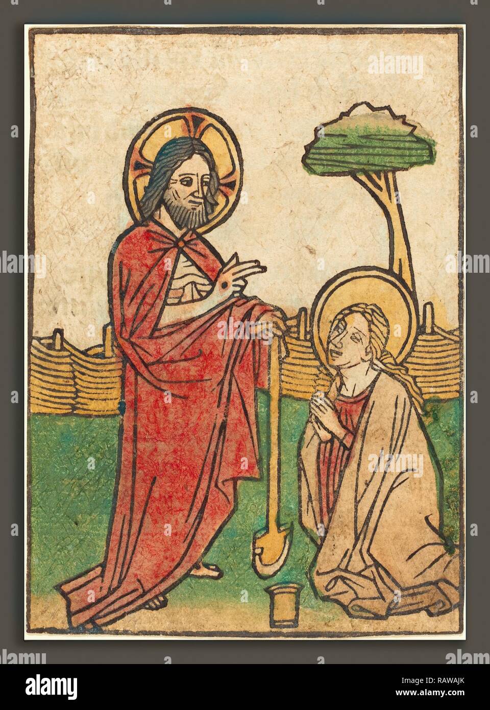 Ludwig of Ulm (German, active 1450-1470), Noli me tangere, hand-colored woodcut (blockbook page). Reimagined Stock Photo