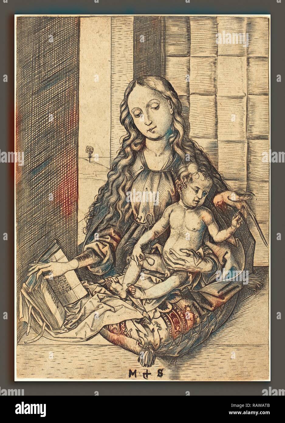Martin Schongauer (German, c. 1450 - 1491), Madonna with a Parrot, c. 1470-1475, engraving. Reimagined Stock Photo