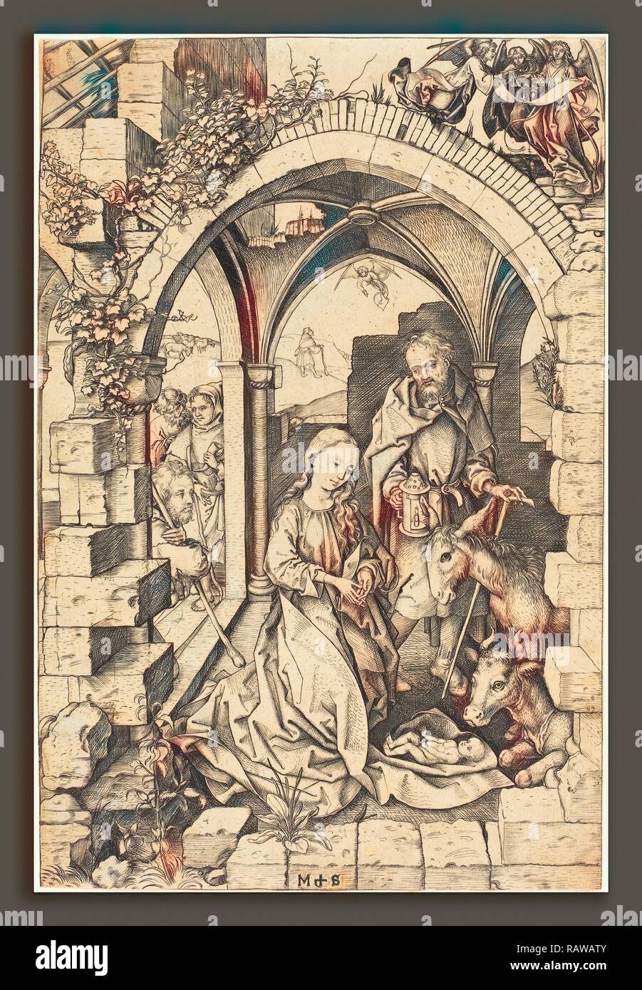 Martin Schongauer (German, c. 1450 - 1491), The Nativity, c. 1470-1475, engraving on laid paper. Reimagined Stock Photo