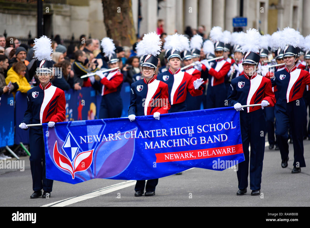 Newark Charter High School Marching Band from Newark, Delaware, at London's New Year's Day Parade 2019, UK. Girls. Females Stock Photo