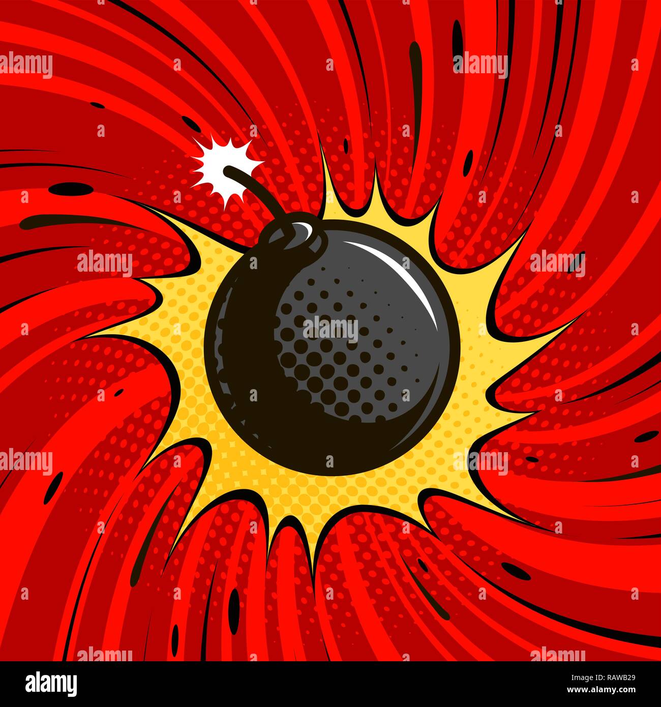 Comic bomb explodes. Dynamite, round cannonball with fire. Cartoon vector illustration Stock Vector