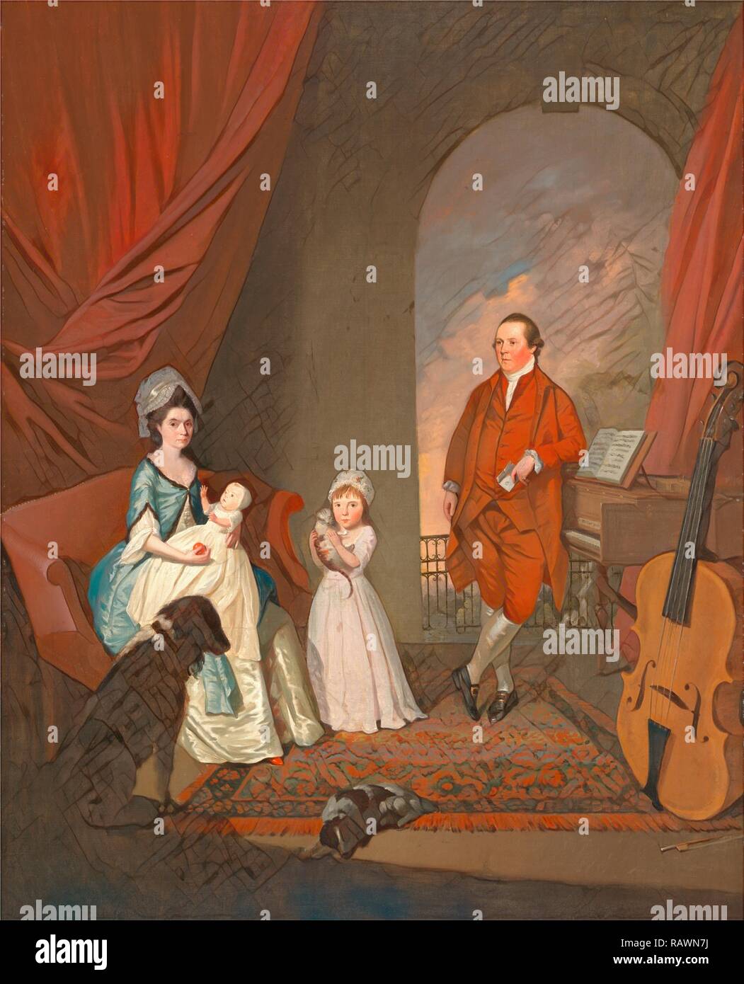 Family Group Signed in black paint (on piano), center right: 'J: Millar Pinx', James Millar, ca.1735-1805, British reimagined Stock Photo