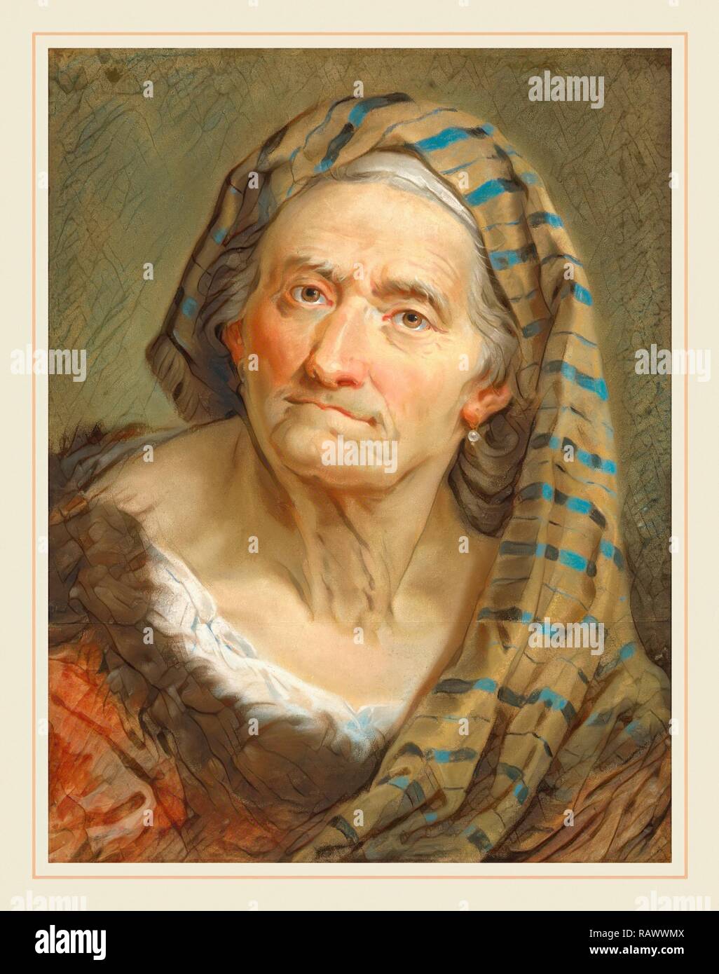 Giuseppe Nogari, An Elderly Woman in a Striped Shawl, Italian, 1699-1763, c. 1743, pastel on two attached sheets reimagined Stock Photo