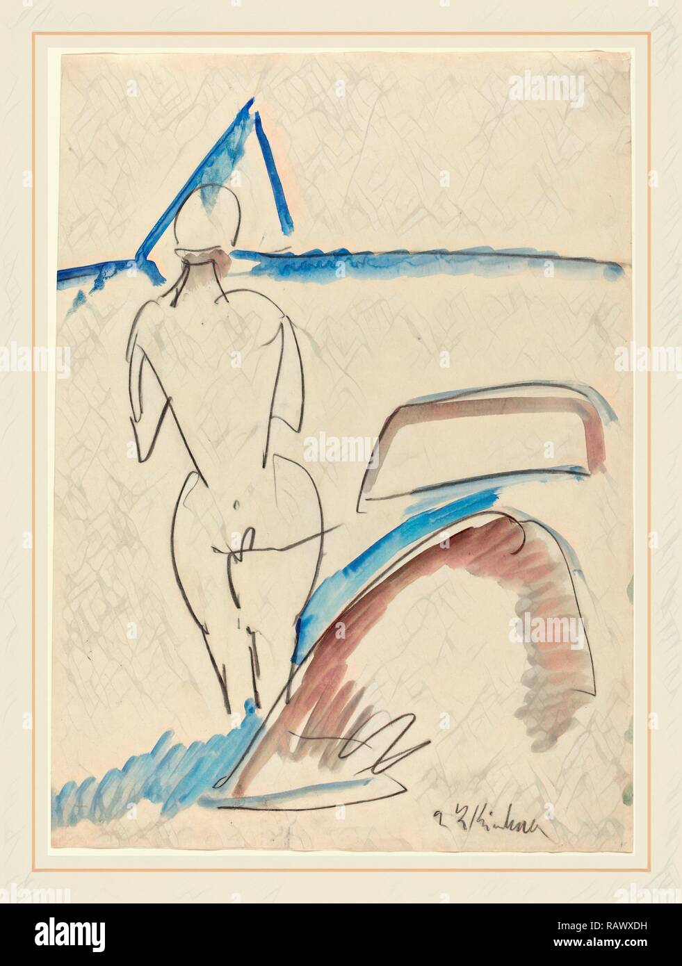 Ernst Ludwig Kirchner, Bather on the Beach, German, 1880-1938, 1912-1913, black crayon with blue and gray wash reimagined Stock Photo