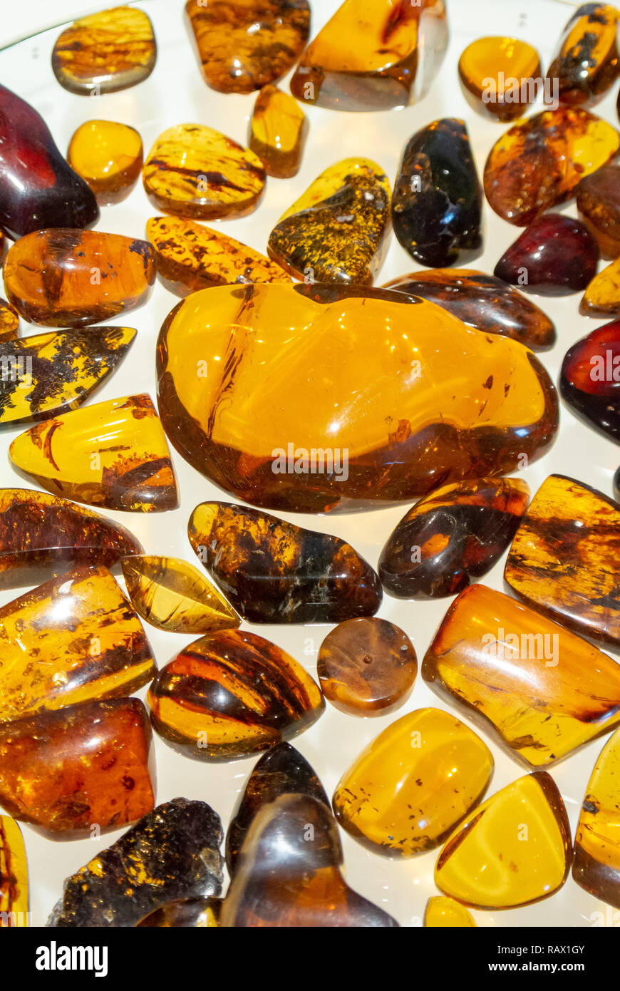 Amber in variety of colors and sizes at Amber museum, San Cristobal de las Casas, Chiapas, Mexico Stock Photo