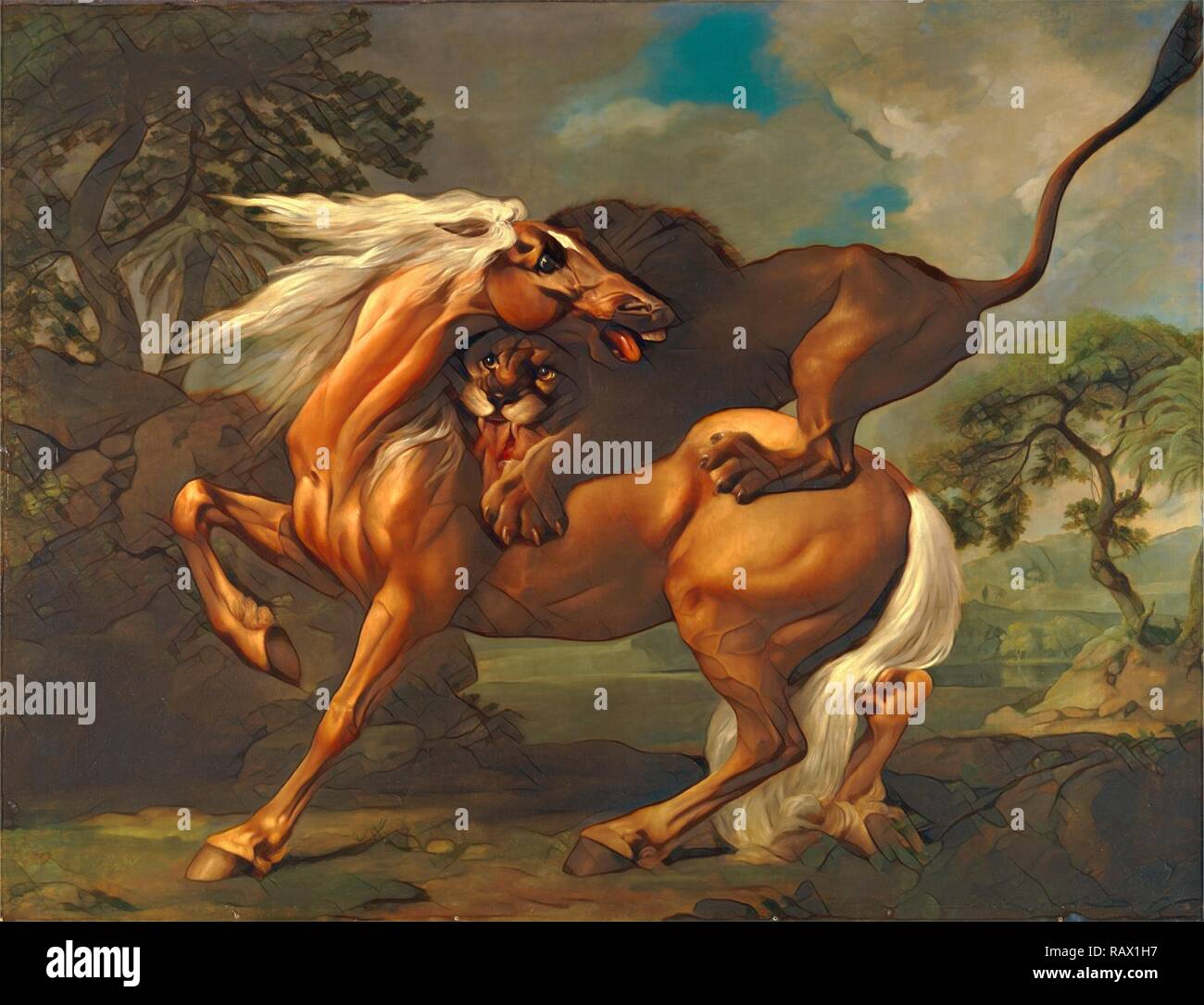 A Lion Attacking a Horse Horse Attacked by a Lion Lion devouring a horse Lion Attacking a Horse, George Stubbs, 1724- reimagined Stock Photo