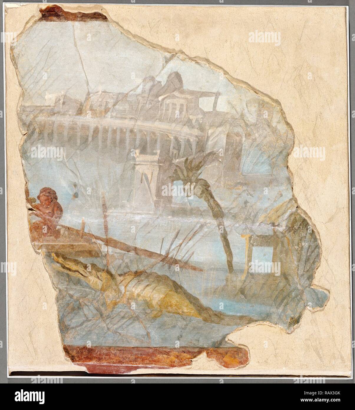 Fresco Fragment with Nilotic Landscape, Unknown, Italy, Europe, about 70, Tempera on plaster (fresco), Object: H: 45. reimagined Stock Photo