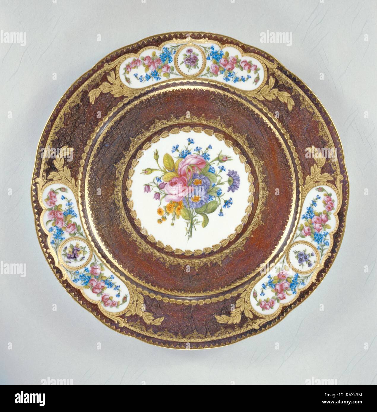 Plate (assiette d'echantillons), Ground color painted by Antoine Capelle, French, active 1745 - 1800, Flowers painted reimagined Stock Photo