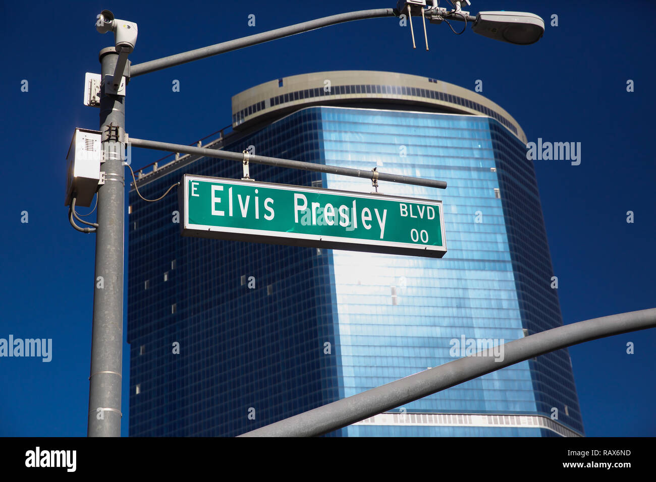 Blue skies over Elvis Presley Boulevard sign in Downtown Las Vegas, USA in January Stock Photo