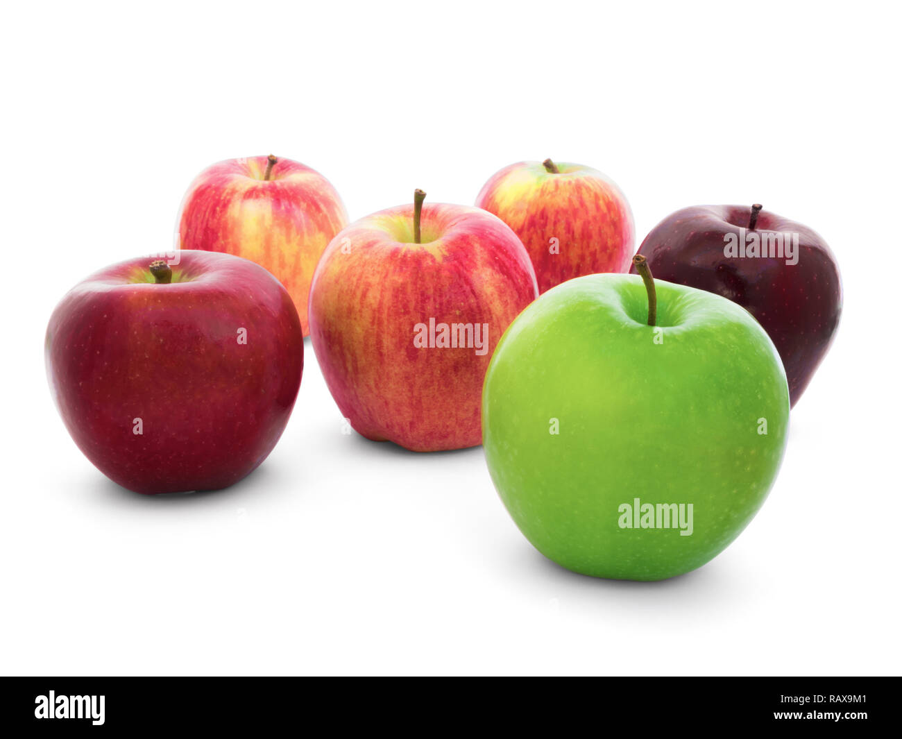 Group of apples varieties (New Zealand Eve, Granny Smith, Ambrosia, Green, Gala, Divine, Red
