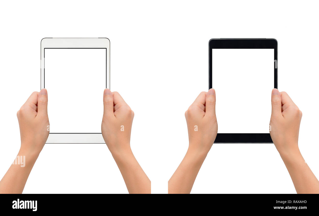 Close-up image of two human hands holding black and white blank screen ...