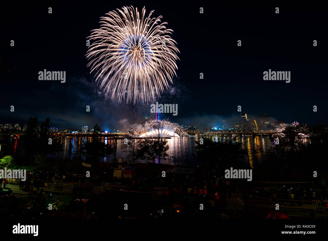Seoul City Skyline,South Korea.Fireworks Stock Photo