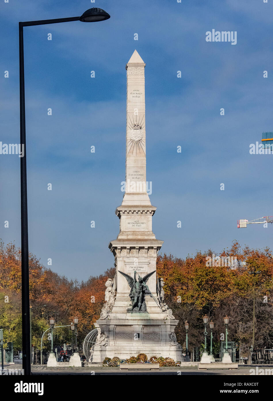 Lisbon - Portugal, obelisk placed in Restauradores square to celebrate the Victory and Independence of the Nation Stock Photo