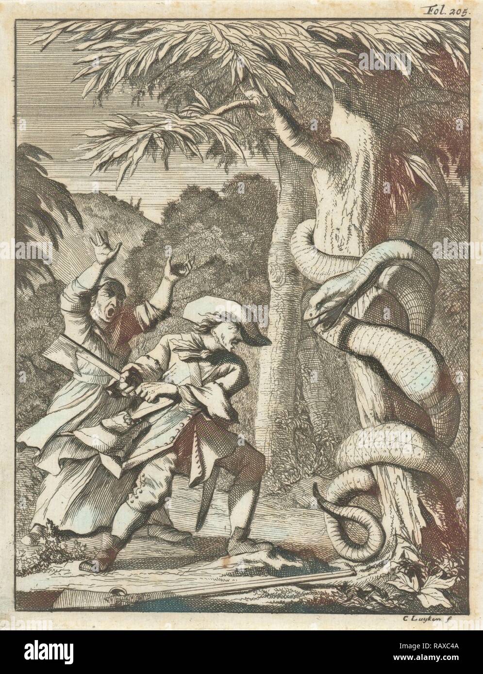 Giant Serpent, wound around a tree, attacked by a man with ax, Caspar Luyken, Willem van de Water, 1694. Reimagined Stock Photo