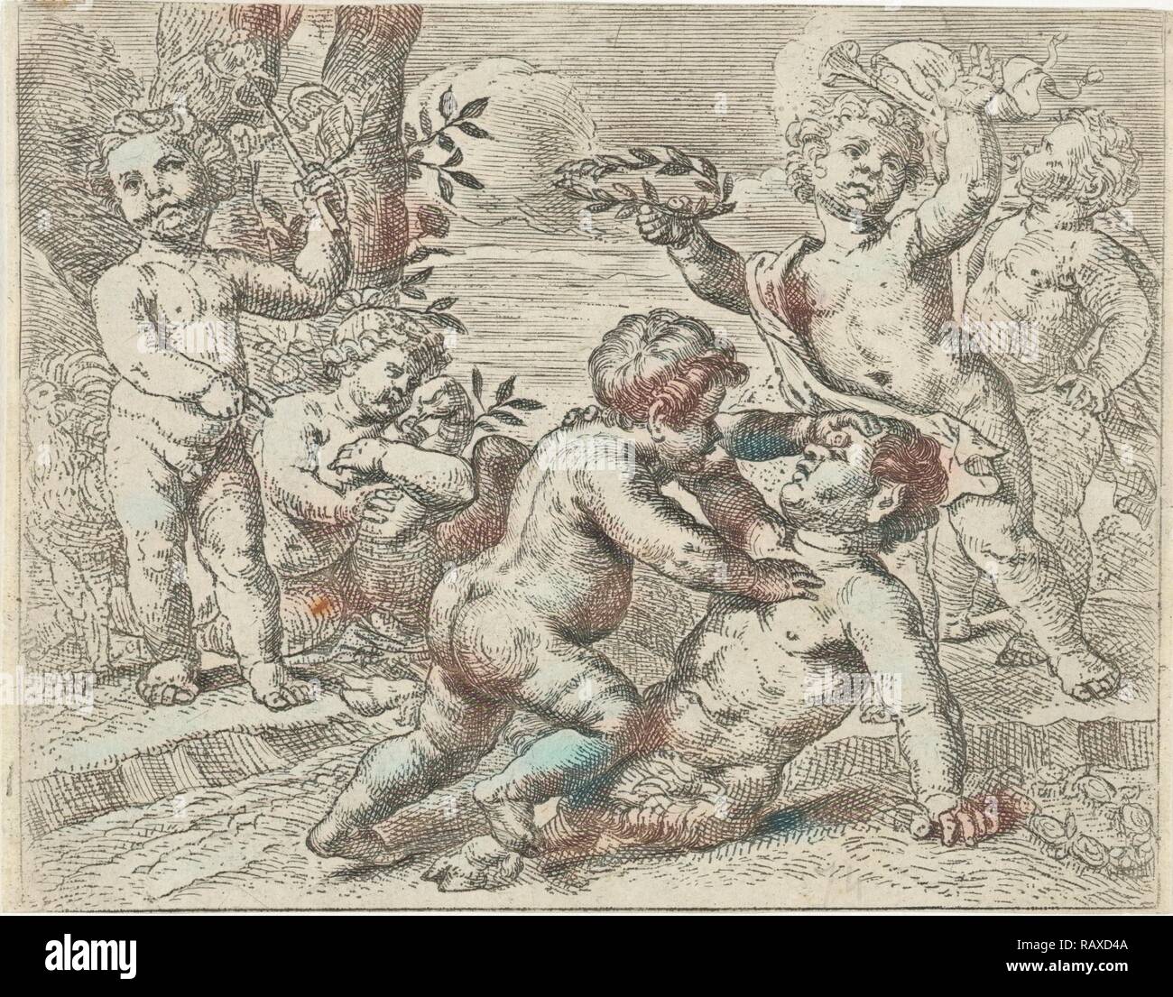 Fighting putti, Peter van Lint, 1619 - 1690. Reimagined by Gibon. Classic art with a modern twist reimagined Stock Photo