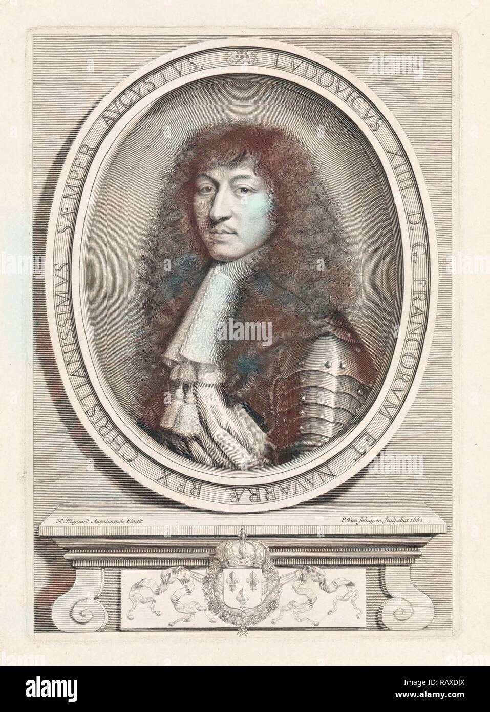Portrait of Louis XIV, king of France, with lace collar with two brushes, Pieter van Schuppen, Nicolas Mignard, 1662 reimagined Stock Photo