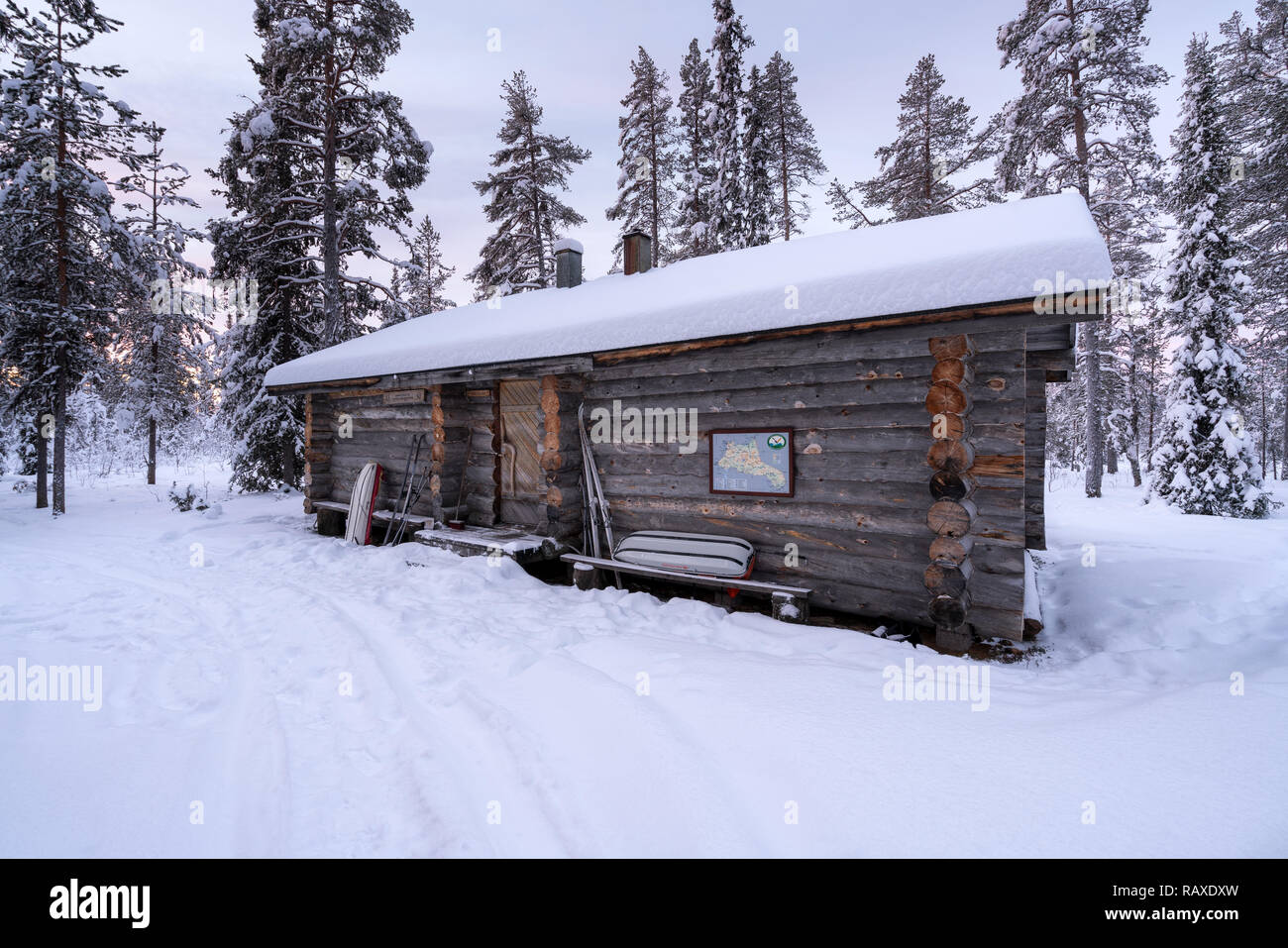 At Mantoselkä wilderness hut, Savukoski, Lapland, Finland Stock Photo
