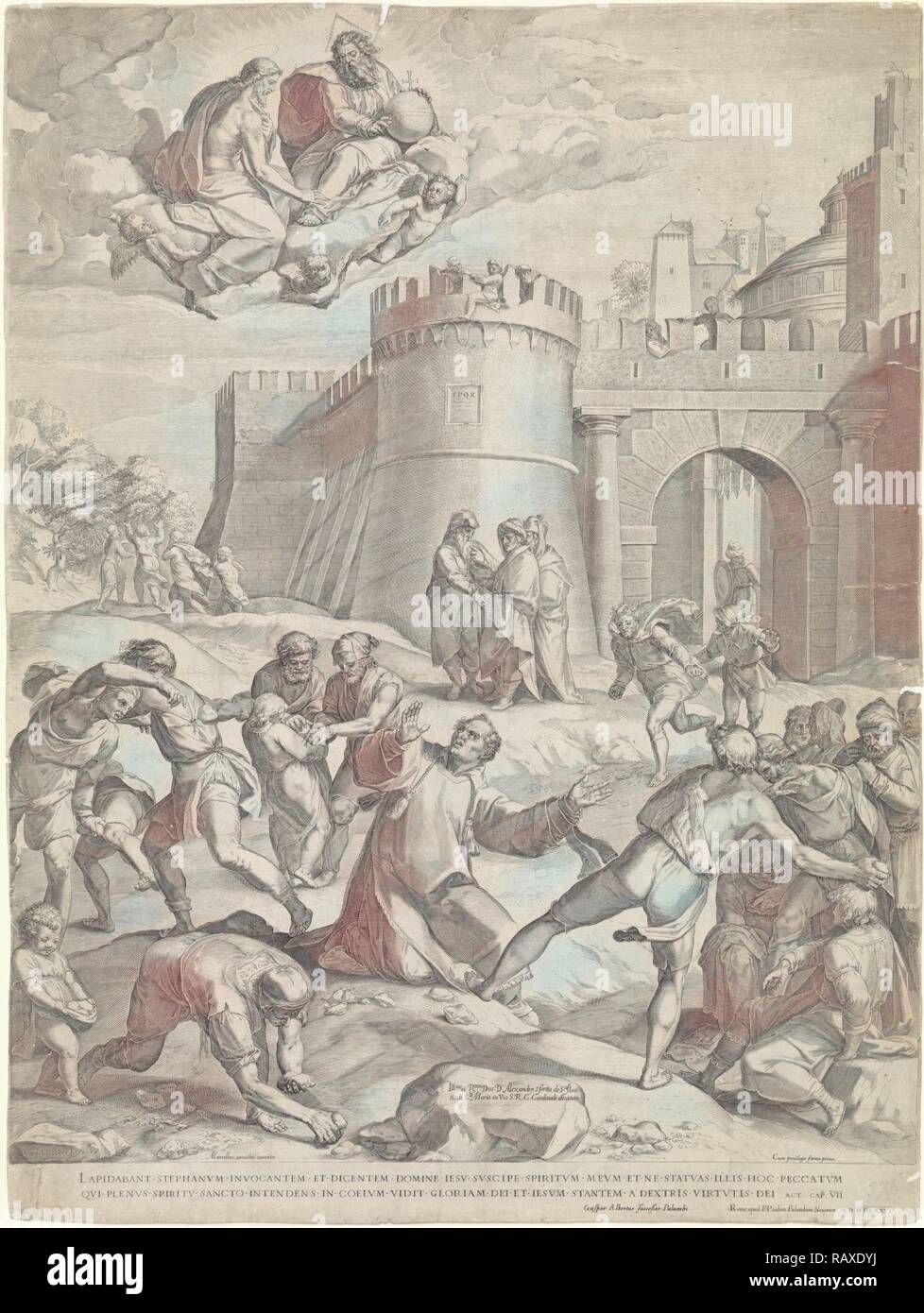 Stoning of St. Stephen, print maker: Cornelis Cort, Marcello Venusti, Gaspar Albertus, 1576. Reimagined Stock Photo